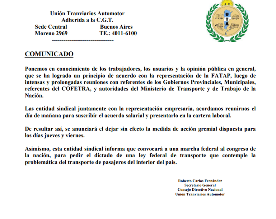 Se levanta el paro de colectivos: el comunicado de la UTA