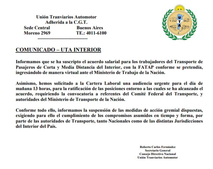 El comunicado de la UTA dejando sin efecto el paro de colectivos