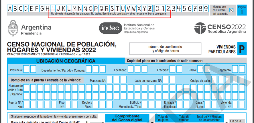 La recomendación del INDEC sobre las planillas del CENSO que Mónica Frade nunca leyó.