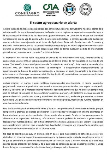 El comunicado del Agro. Ahora se sumó el malestar por retenciones.