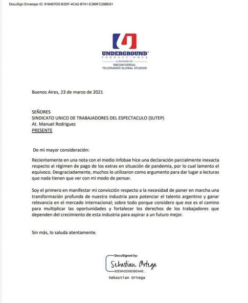La imagen del comunicado oficial de Sebastián Ortega y su pedido de disculpas a los extras de cine y televisión