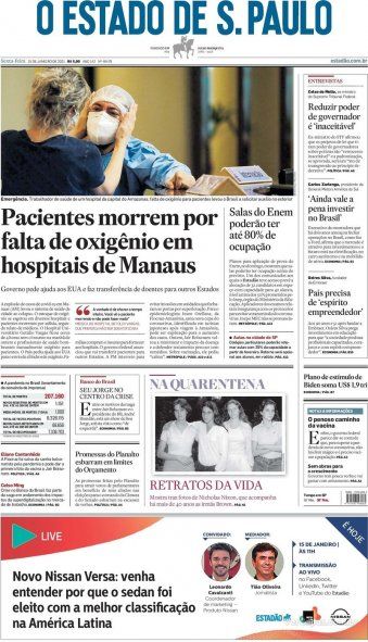 Titulares catástrofe por falta de respiradores en Manaos, Brasil
