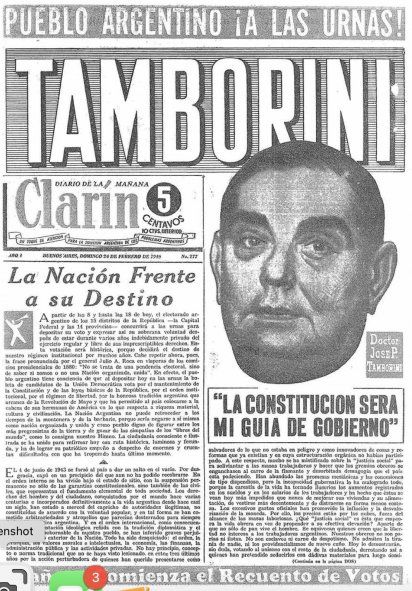 La tapa de Clarín el día domingo 24 de febrero de 1946 el día que Perón ganó su primera elección. No tuvo suerte el deseo del diario    