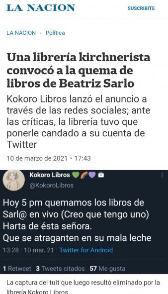 La Nación interpretó literalmente un tweet de una librería que hablaba de quemar libros de Sarlo irónicamente 