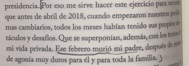 Fragmento del libro "Primer Tiempo" de Mauricio Macri, en el que confunde la fecha de muerte de su padre Franco, colocándola en febrero de 2018, cuando fue en marzo de 2019