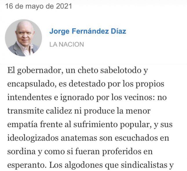 El artículo de, Fernández Díaz en La Nación que podría formar parte del operativo "pegarle a Kicillof" denunciado por el Gobernador bonaerense 