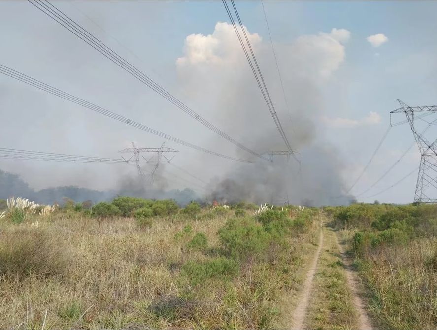 El incendio bajo las líneas de alta tensión que unen General Rodríguez y Campana, y que provocó los cortes de luz masivos.