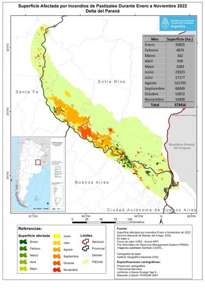 Los incendios en la zona del delta registrados en 2022 según el Ministerio de Ambiente de la Nación.