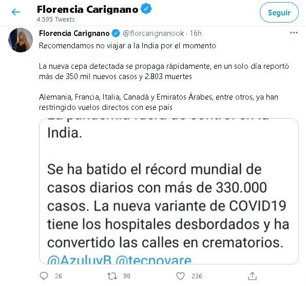 La titular de Migraciones le pidió a los argentinos que no viajen a India