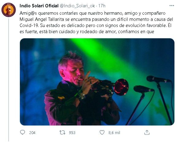 El Indio Solari publicó el parte de salud en su cuenta de Twitter