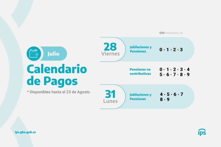 El IPS dio a conocer la fecha de pago de las jubilaciones correspondientes al mes de julio. El IPS dio a conocer la fecha de pago de las jubilaciones correspondientes al mes de julio.