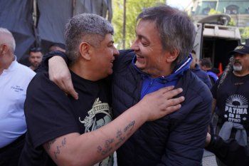 Máximo Kirchner y Pablo Moyano en el acto de Plaza de Mayo por el Día de la Lealtad 
