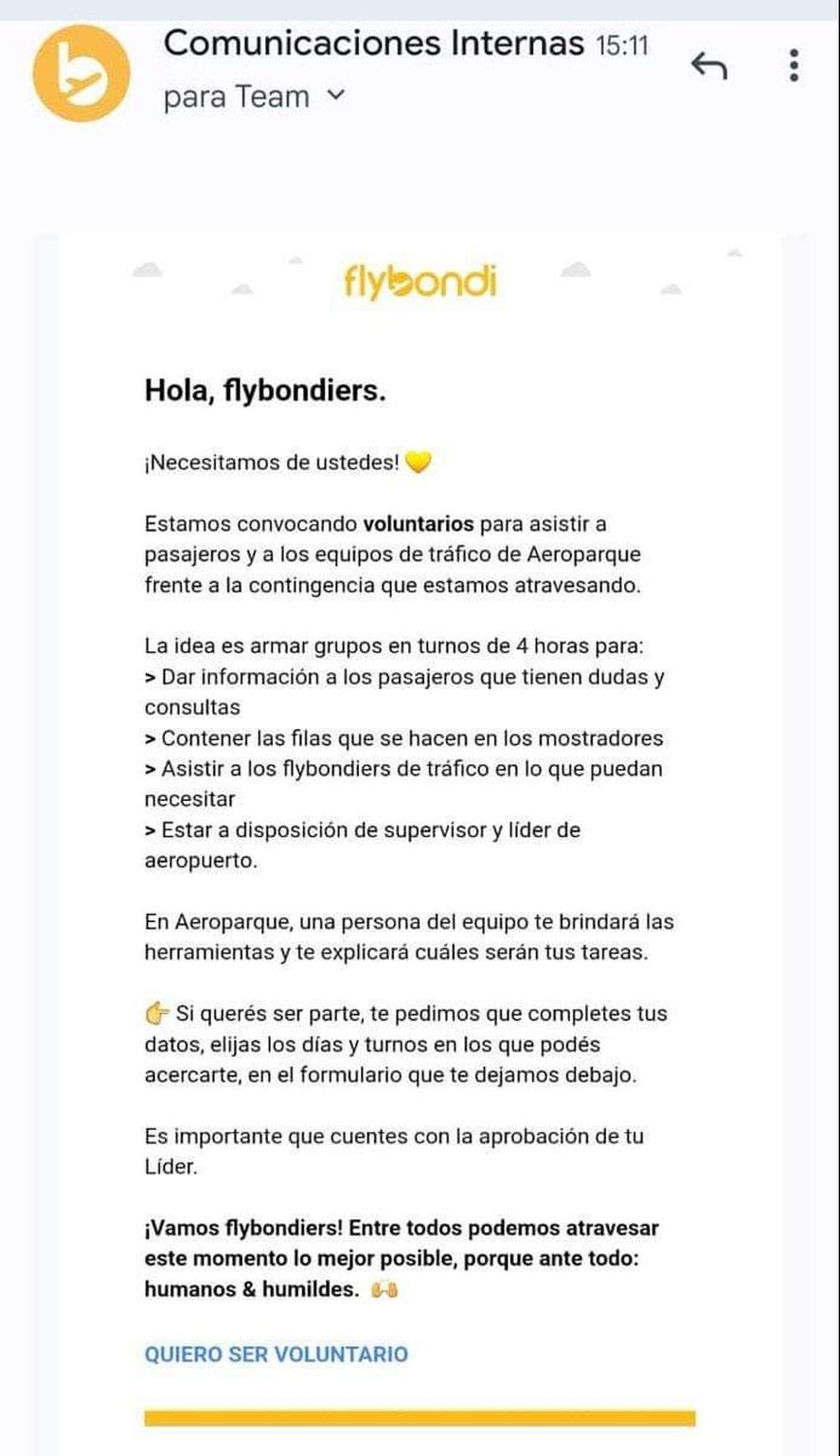 La aerolínea low-cost Flybondi pide voluntarios fuera de convenio para atravesar su crisis La aerolínea low-cost Flybondi pide voluntarios fuera de convenio para atravesar su crisis