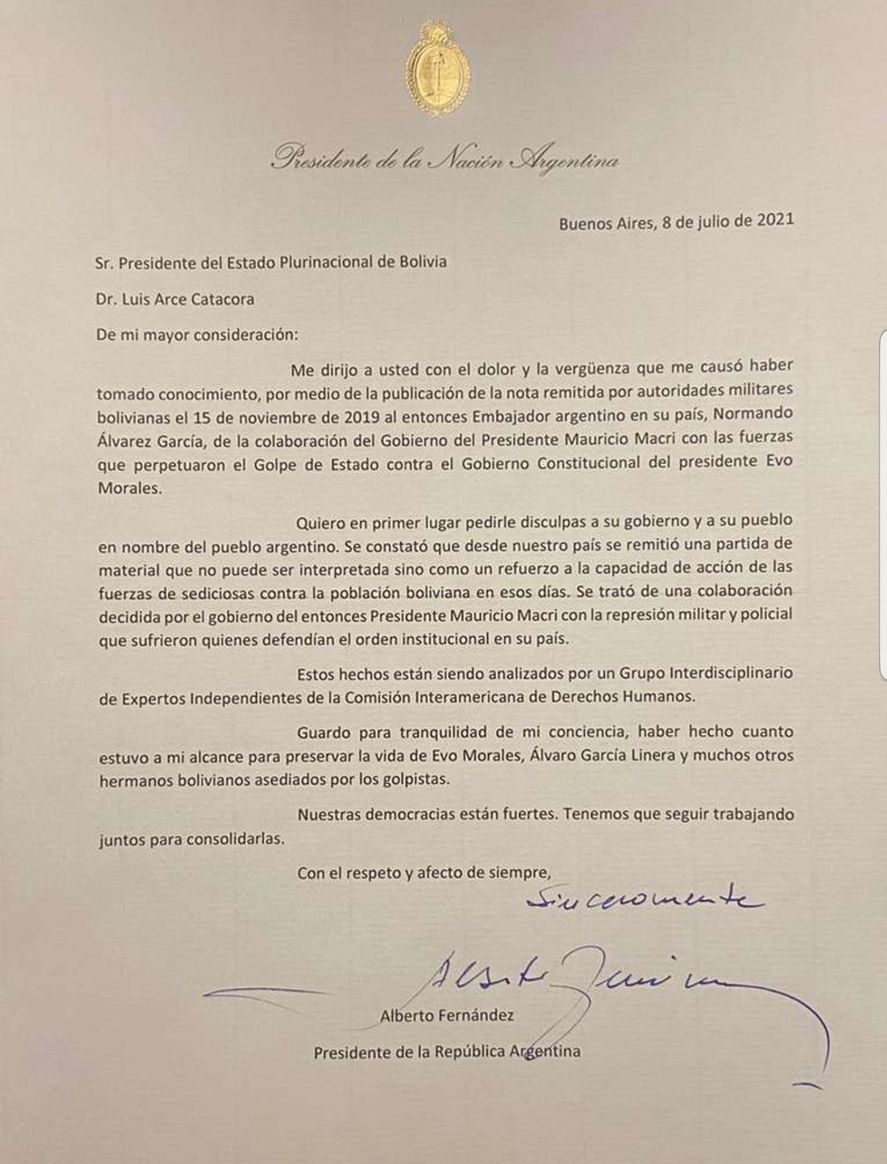La carta de disculpas en nombre del estado Argentino que el Presidente Alberto Fernández le envió a su par de Bolivia al conocerse el apoyo militar de la gestión de Mauricio Macri al Golpe de estado en aquel país