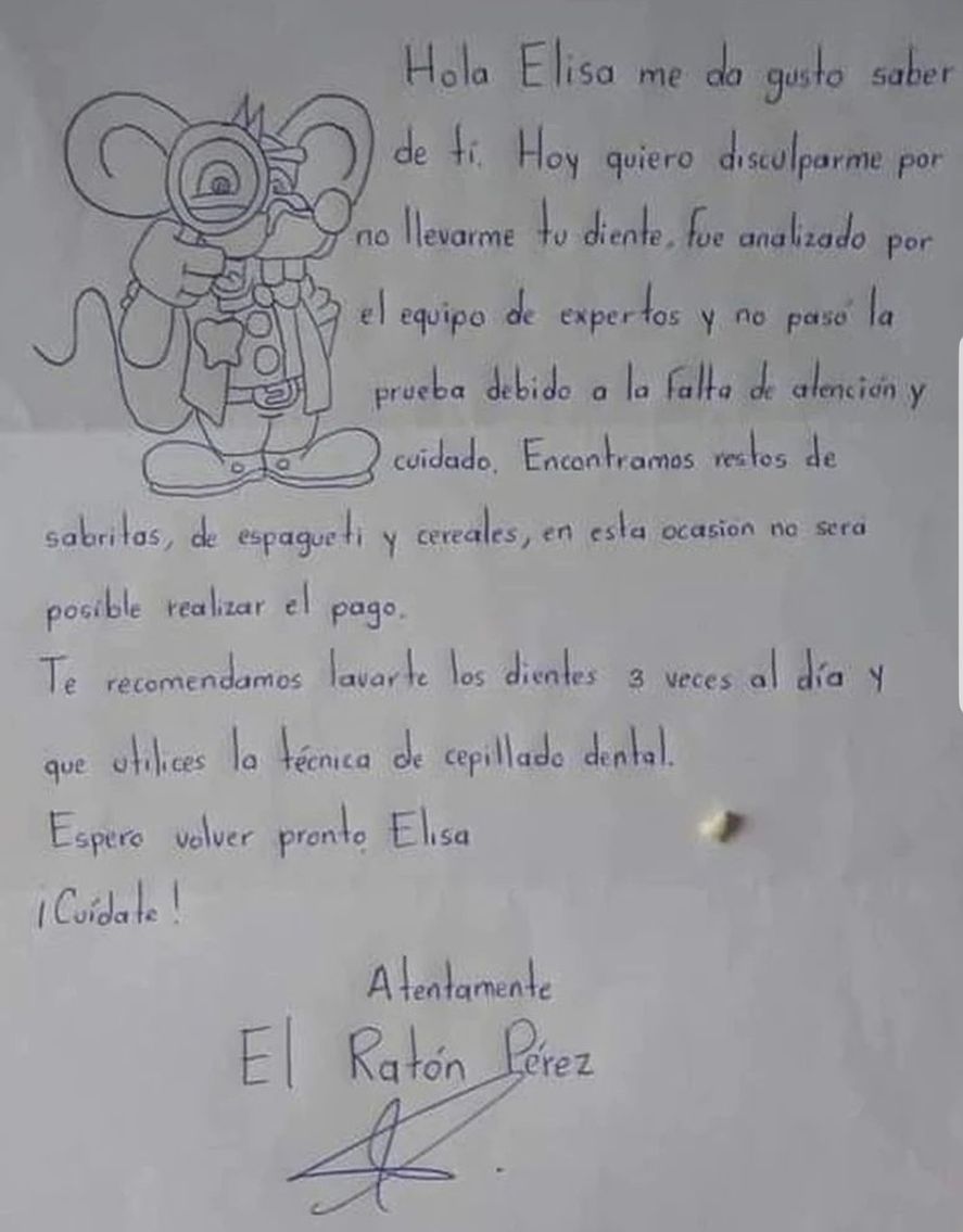 La carta viralizada del Ratón Pérez a la pequeña Elisa, rehusándose a abonarle un estipendio por haber perdido su diente de leche sin tener más atención y cuidado. ¿Rata o buen educador?