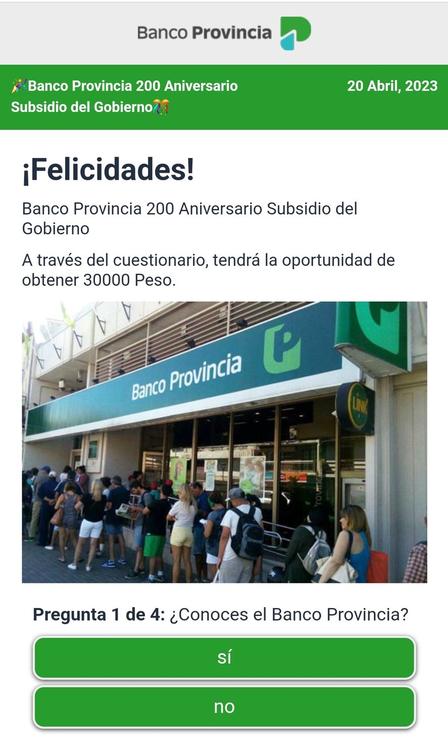 La estafa que cyberdelincuentes intentaron realizar ofreciendo premios a los clientes del Banco Provincia 