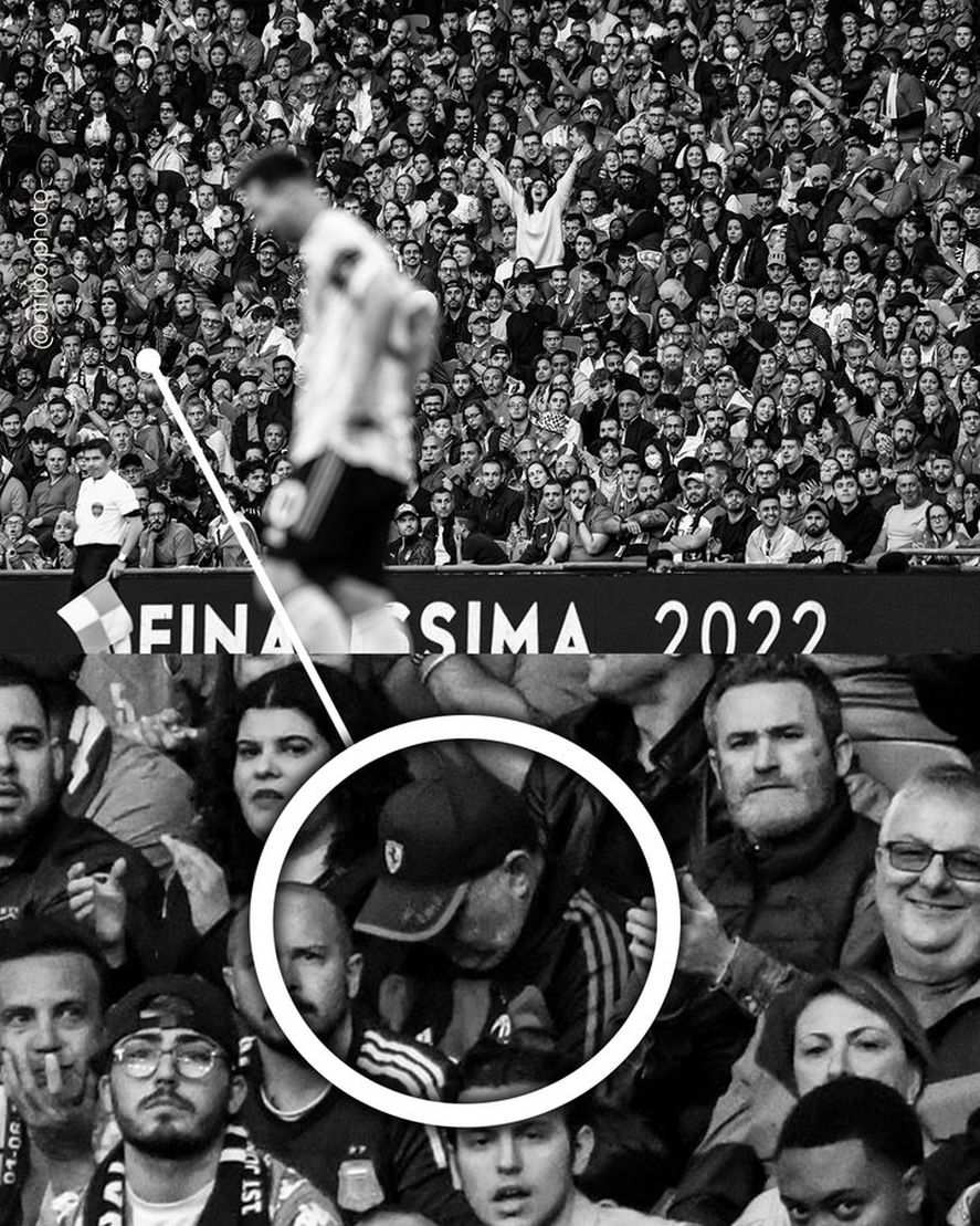 La foto de un supuesto Maradona en la tribuna durante el partido Argentina e Italia en Wembley