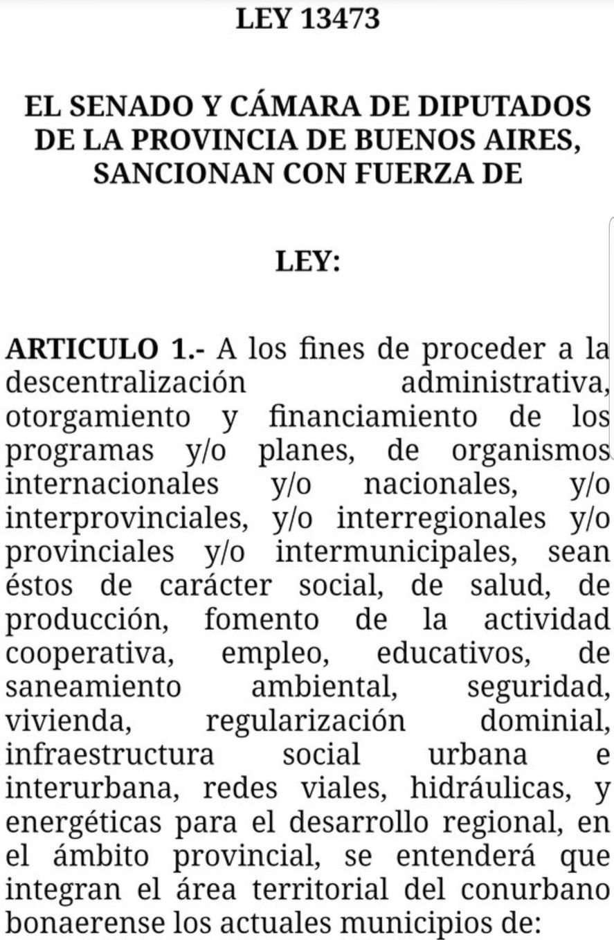 La ley que menciona a La Plata como parte del conurbano de la Provincia de Buenos Aires 