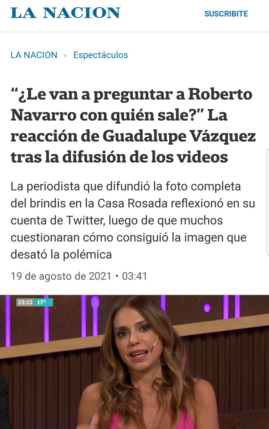 La nota de La Nación basada en un tweet de la periodista de su empresa Guadalupe Vázquez, indignada por la contra operación para desarmar la difusión de los vídeos de Olivos que tenían armada para horas previas a las elecciones