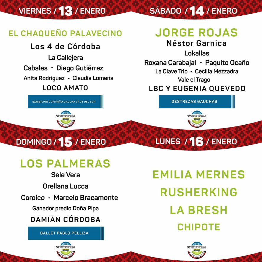 La programación de los últimos 4 días del Festival de Doma y Folklore de Jesús María en Córdoba incluyendo la fiesta Bresh