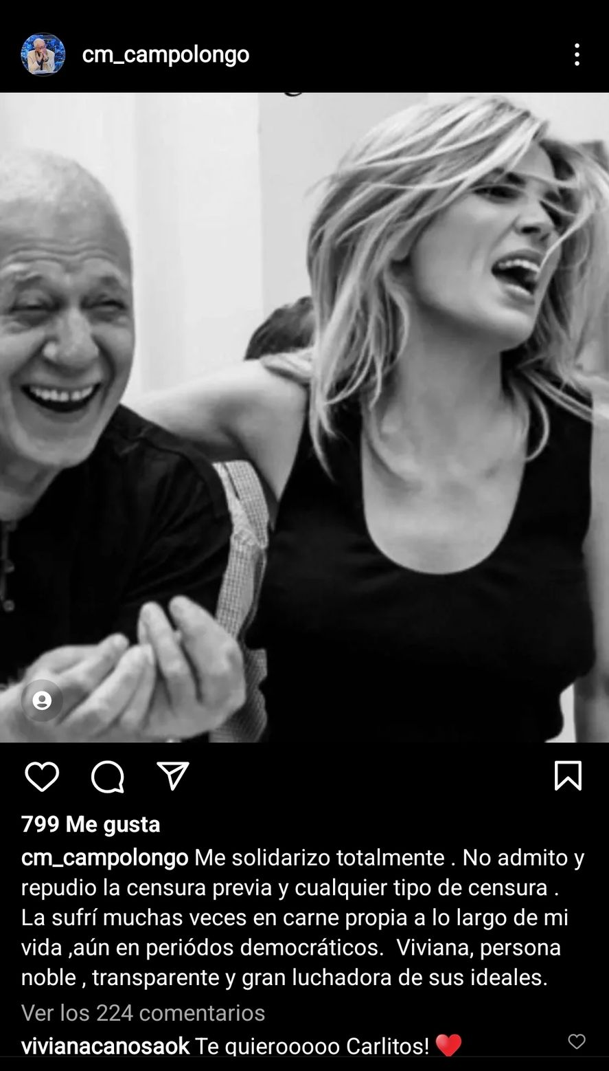La publicación en Instagram del periodista Carlos Campolongo solidarizándose con Viviana Canosa, y dando por tierra con las versiones de los fans de la conductora