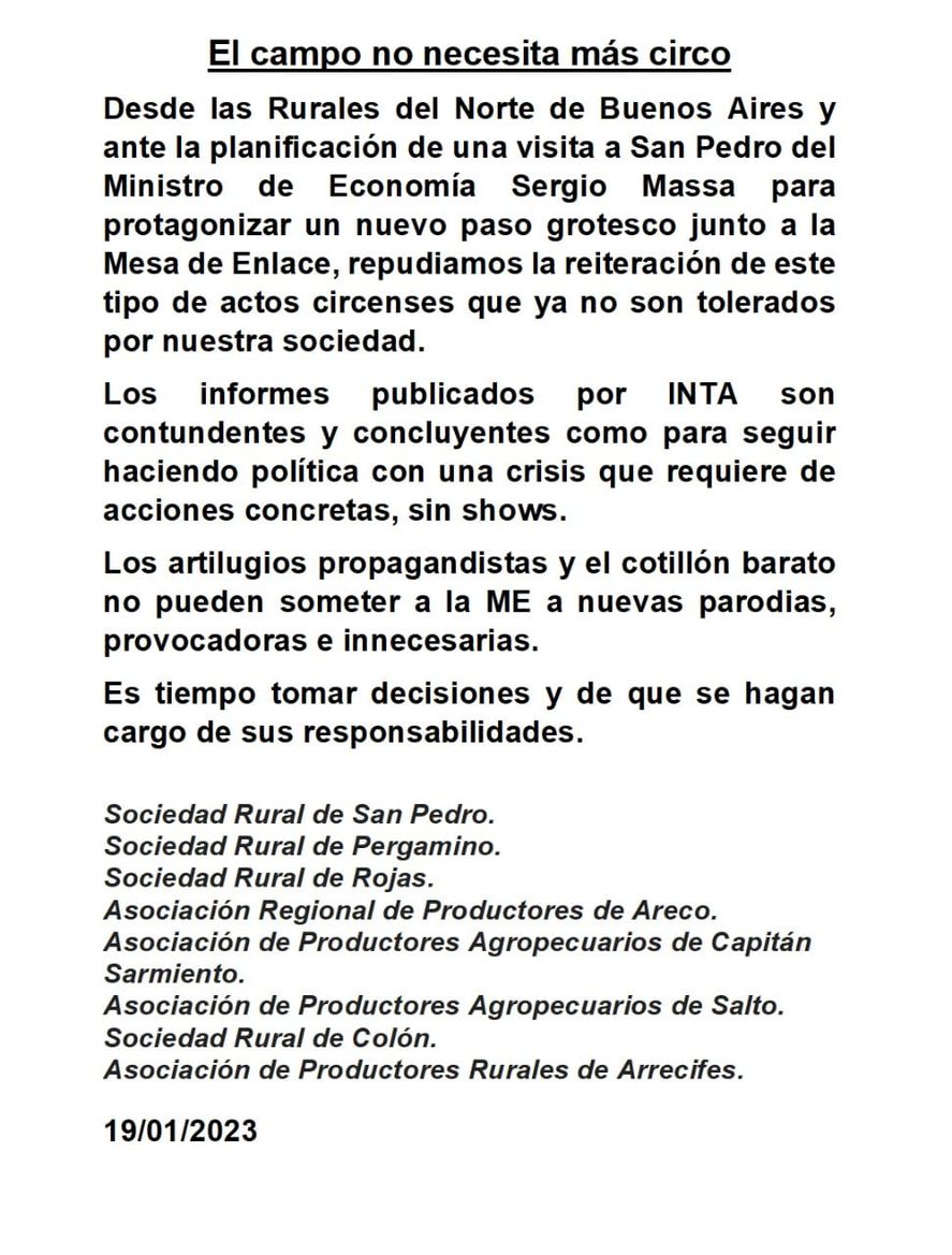 La Sociedad Rural de San Pedro junto a otras entidades, lanzó un día antes de la cumbre un comunicado titulado “El campo no necesita más circo”