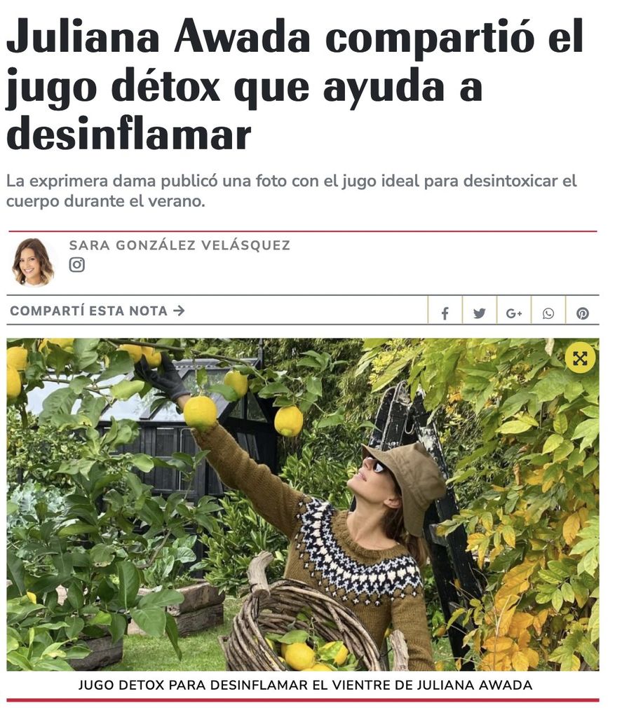 Las coloridas notas que varios medios realizan habitualmente sobre Juliana Awada, la ex primera dama de Mauricio Macri. Esta vez comparten tostadas con huevo, palta y espinaca y jugos detox