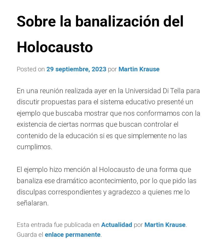 Las disculpas del referente educativo de Javier Milei y La Libertad Avanza, Martín Krause, sobre sus dichos que fueron una banalización del Holocausto judío en la Alemania nazi 