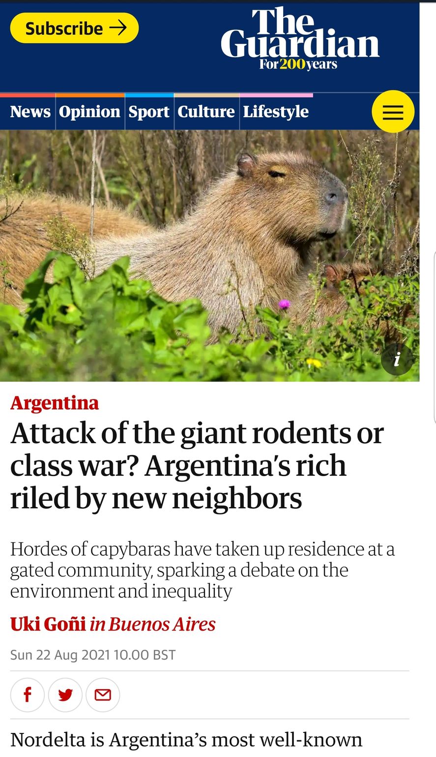 Los carpinchos de Nordelta merecieron la atención del diario inglés "The Guardian", el cual hizo una metáfora entre los roedores y una "guerra de clases". 
