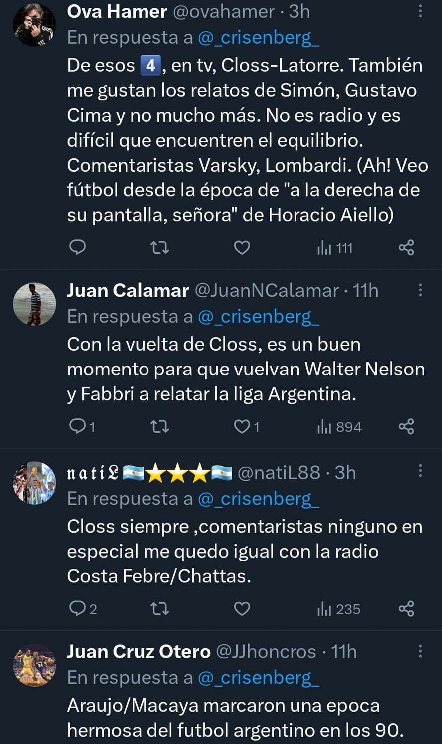 Los comentarios a la encuesta en Twitter que preguntaba cuál era la mejor dupla histórica de relatores de la TV Los comentarios a la encuesta en Twitter que preguntaba cuál era la mejor dupla histórica de relatores de la TV