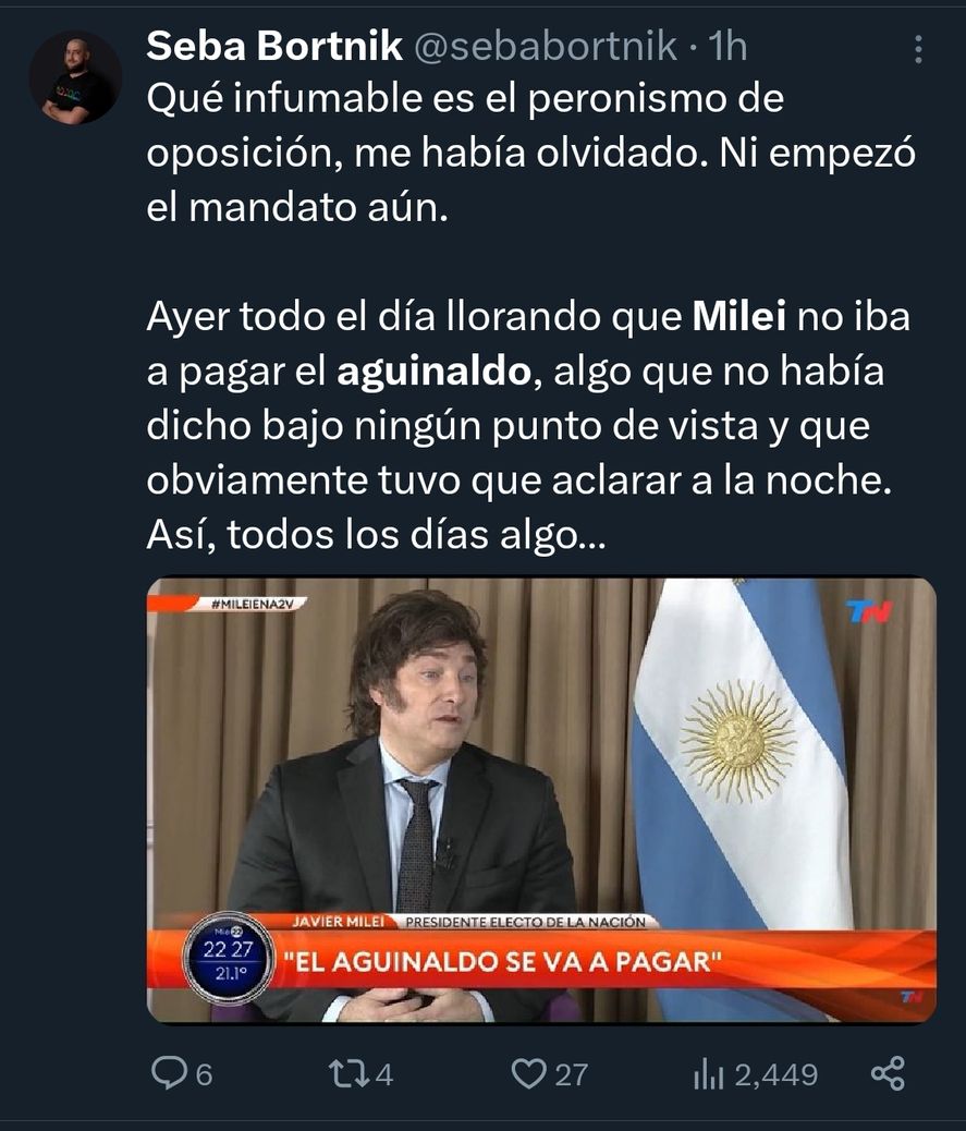 Los fanáticos de Javier Milei levantaron el falso textual de TN para negar lo que había expresado 24 horas antes en Telefé Noticias sobre la dificultad de pagar el medio aguinaldo de diciembre 
