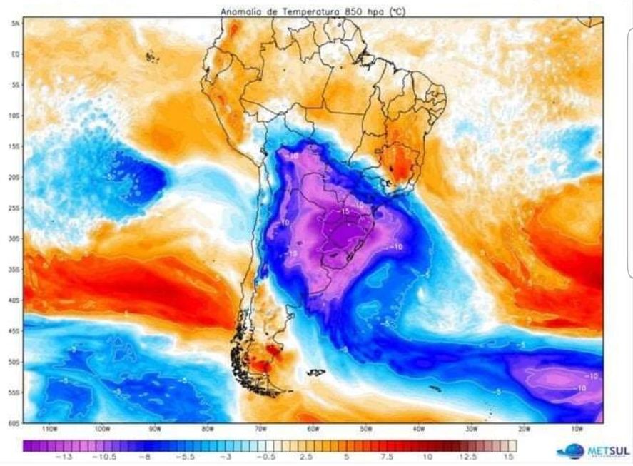 Los mapas meteorológicos indican una ola polar en el sur de Brasil que podría afectar a varias provincias argentinas con temperaturas de 10° bajo cero