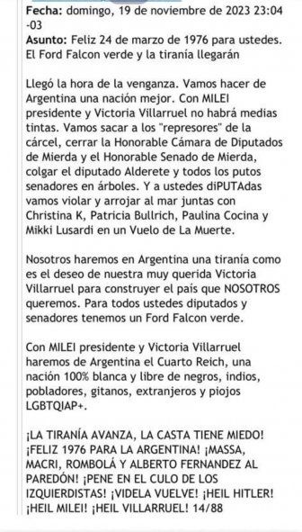 Fragmento de la amenaza que recibió por correo electrónico la diputada nacional de la UCR Karina Banfi la noche del balotaje.