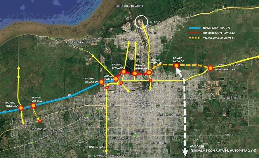 Mapa de la extensión de la Autopista Bs As La Plata.