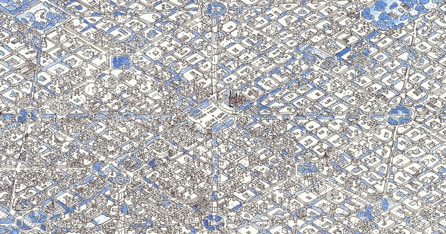 Parte del gran dibujo del mapa de la ciudad de La Plata que realizó el estudiante de arquitectura e ilustrador.