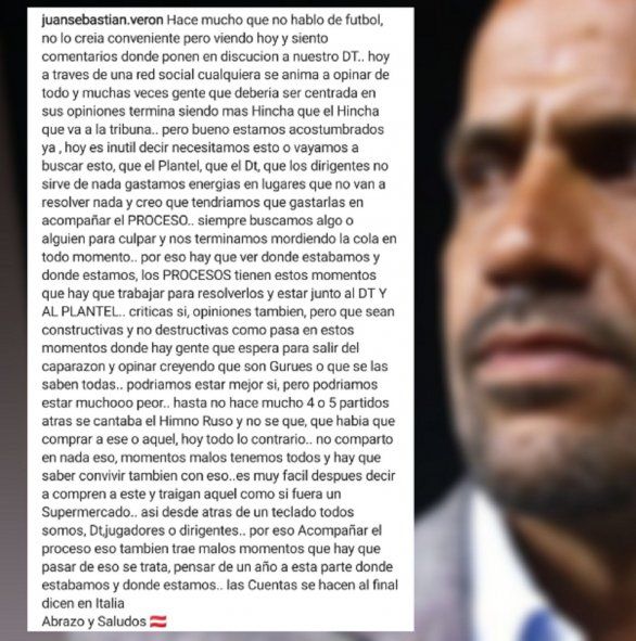 Juan Sebastián Verón mandó un mensaje en Instagram