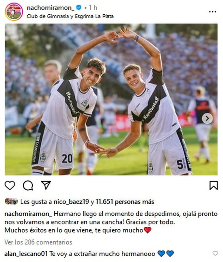 El emotivo posteo de Ignacio Miramón en su cuenta de Instagram.