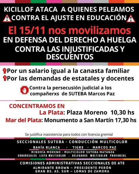 La convocatoria del SUTEBA Multicolor para el 15 de noviembre.