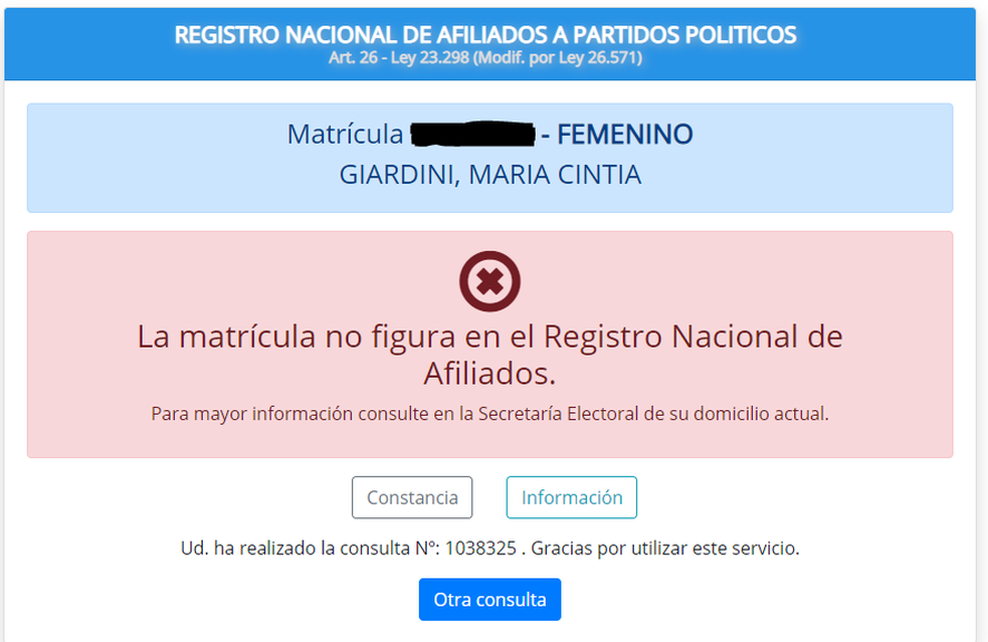Según la Justicia Electoral, Cintia Giardini no está afiliada a ningún partido político