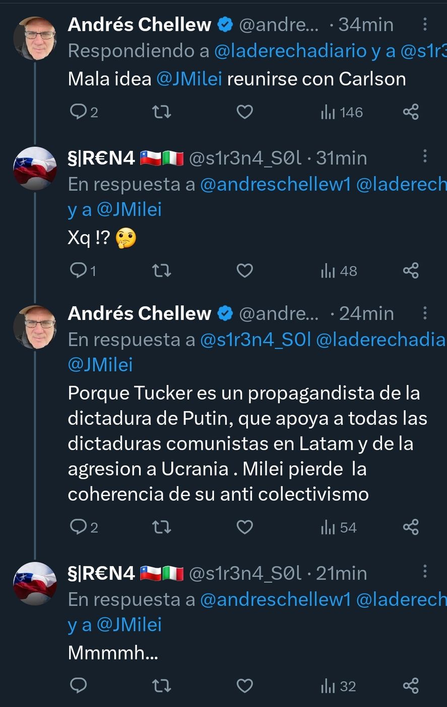 No todos los comentaristas en redes de derecha son favorables a la entrevista que el periodista estadounidense Tucker Carlson, ex presentador de la Fox, le realizará a Javier Milei en Argentina