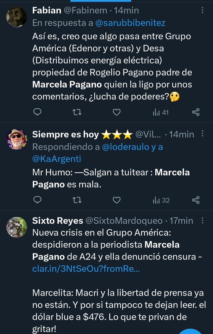 Opiniones en redes sociales sobre el despido a Marcela Pagano en América TV. Ella acusa censura, mientras que desde la emisora argumentan maltrato laboral de su parte a compañeros.