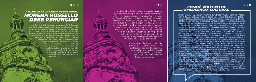 Los reclamos de sectores de la cultura bahiense contra las políticas del intendente de Bahía Blanca, Héctor Gay, y de Morena Rossello, secretaria de Cultura.