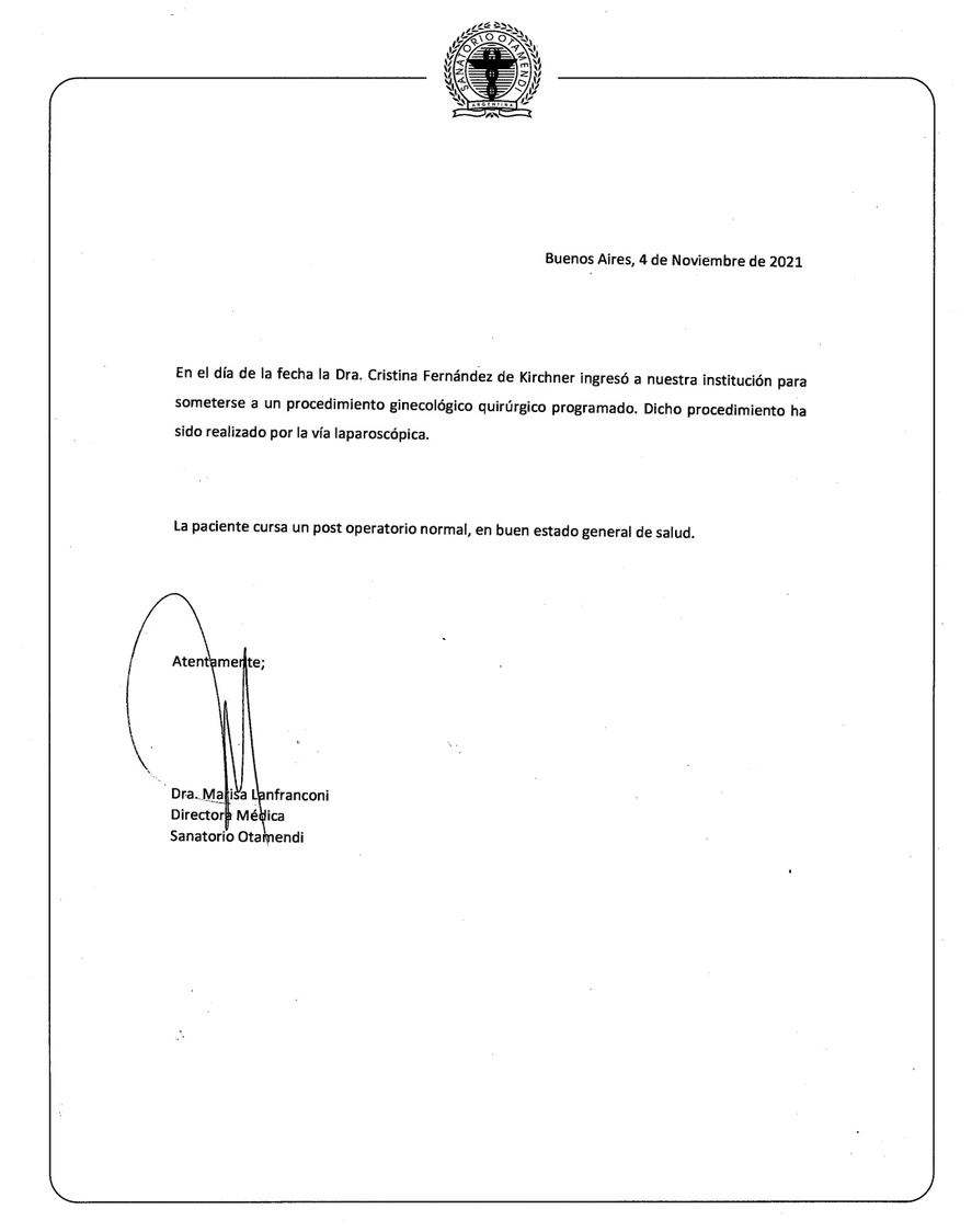 El parte médico oficial de Cristina Fernández de Kirchner