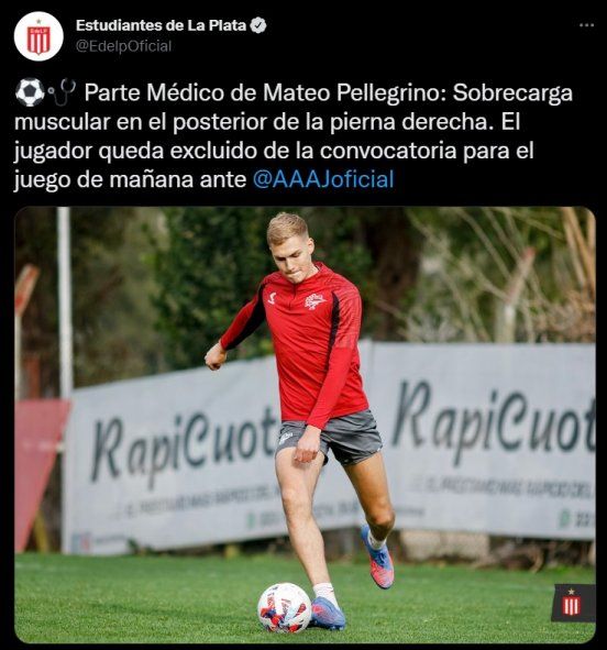Mateo Pellegrino: el parte médico de la molestia del futbolista de Estudiantes