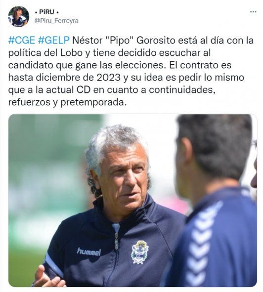 Tuit de Piru Ferreyra sobre el futuro de Néstor Gorosito en Gimnasia