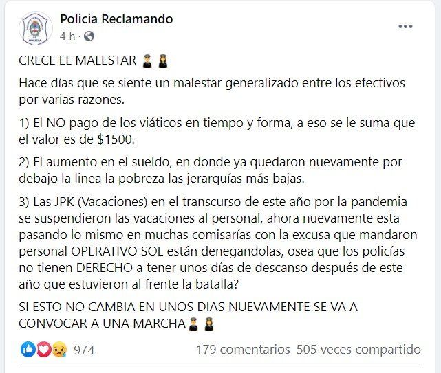 El posteo que alienta la vuelta de la protesta de la Policía.