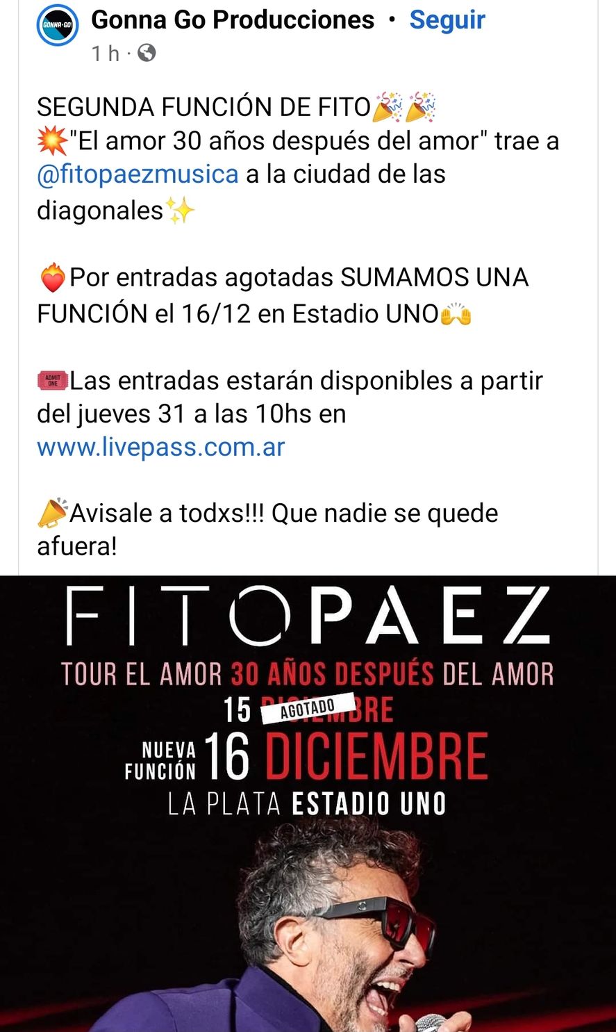 Por redes sociales la compañía productora del recital de Fito Páez anuncia una nueva fecha para la Ciudad de La Plata el 16 de diciembre 