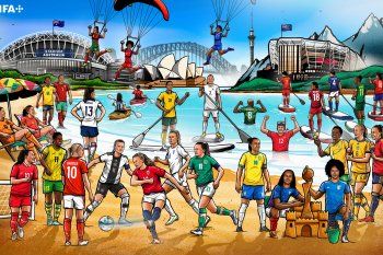El poster que compartió FIFA al confirmarse los 32 clasificados. Florencia Bonsegundo es la representante de Argentina.