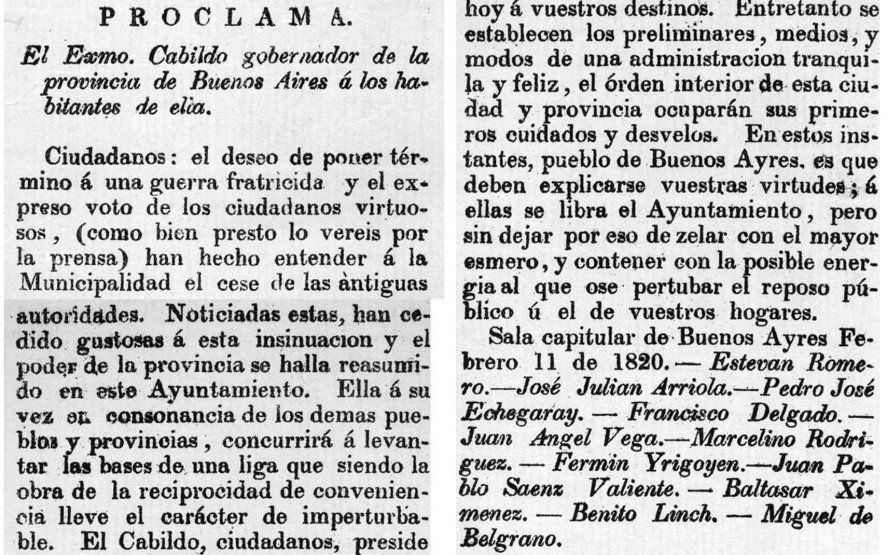 El 11 de febrero de 1820, el Cabildo emitió una proclama destinada a los ciudadanos