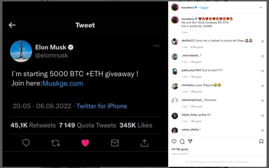 La publicación alusiva a Elon Musk que se vio durante el hackeo de la cuenta de Maradona.